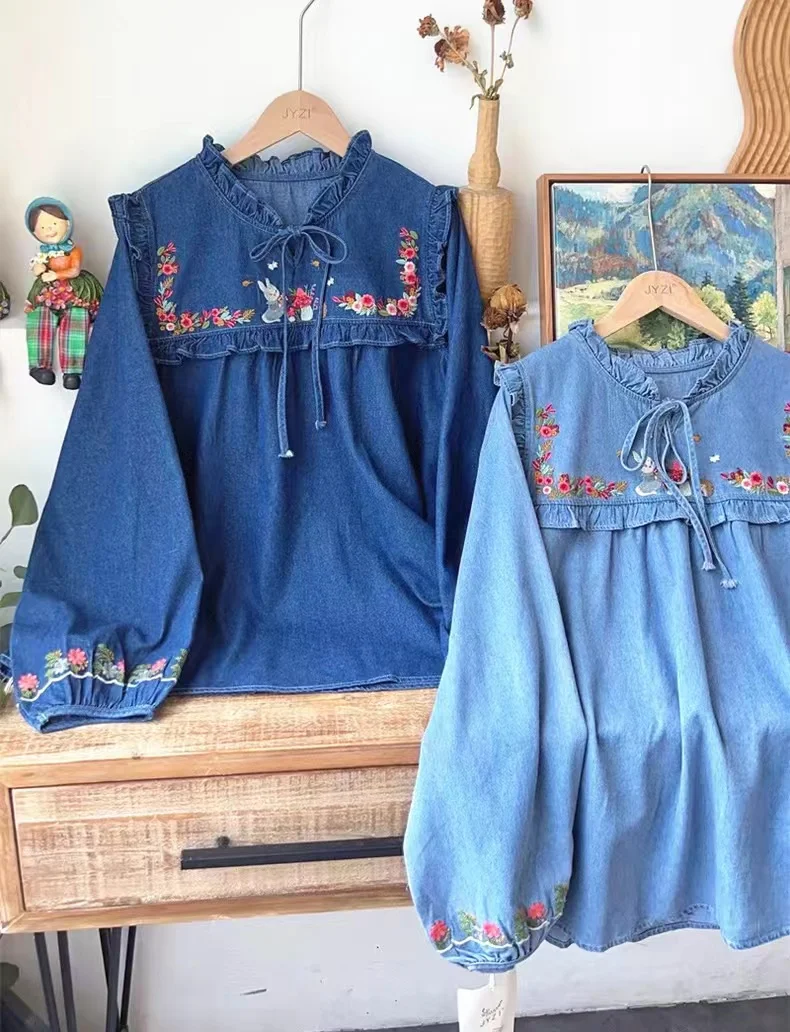 Japanese mori girl autumn spring flowers embroidery denim shirts and blouses women long sleeve cartoon bunny jean tops