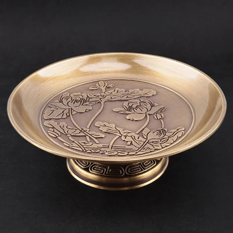 

Retro Lotus Brass Tribute Bowl Household High Foot Tea Plate Buddha Hall Bodhisattva God of Wealth Worship Fruit Tray