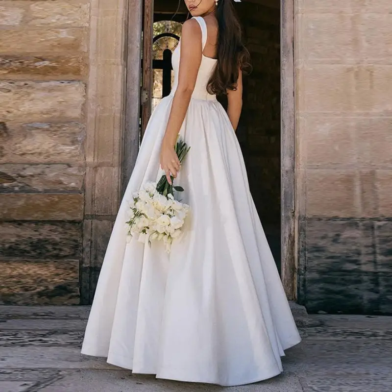 Simple and elegant solid-color corset halter dress, wedding and graduation ceremony, long skirt with a large skirt