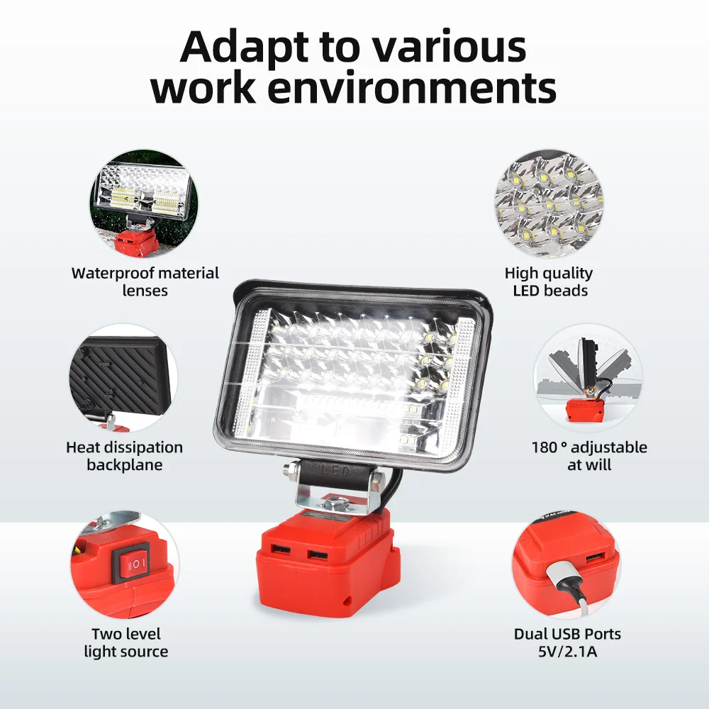 LED work light for milwaukee m18 18v batteryLED wide beam flood light with two USB charging port LED light for emergency