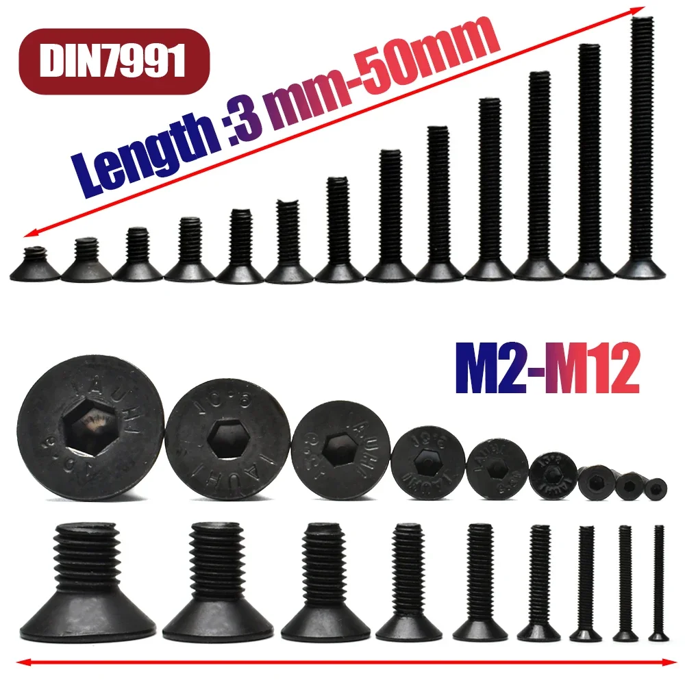 M2 M2.5 M3 M4 M5 M6 M8 M10 M12 DIN7991 Carbon Steel Hexagon Socket Flat Countersunk Head Screw Hex Socket Bolts Machine Screws