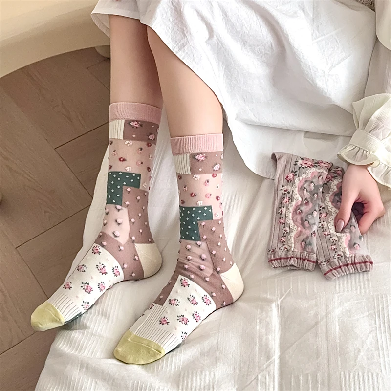 Fashion Woman Socks Retro Girls Summer New Thin Flower Socks Mixed-color Sweet Long Casual Transparent Socks Cute Spring Comfort