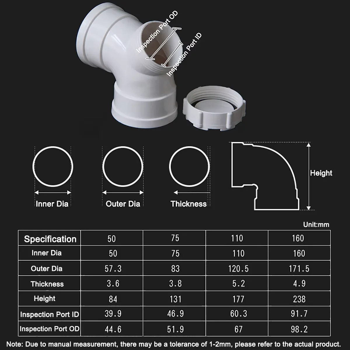 1-10PCS Pvc Drainage Pipe 90 Degree Elbow Joint With Inspection Port Drainage Fittings 50 75 110 160mm