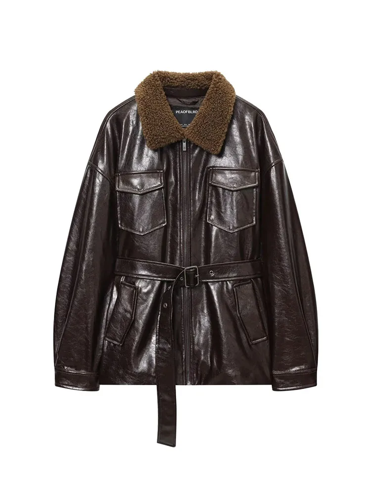 

HH Woman Fashion Winter Street Style Long Sleeves Faux Fur Lapels Zipper Belt Pocket Decoration Coated Faux Leather Jacket