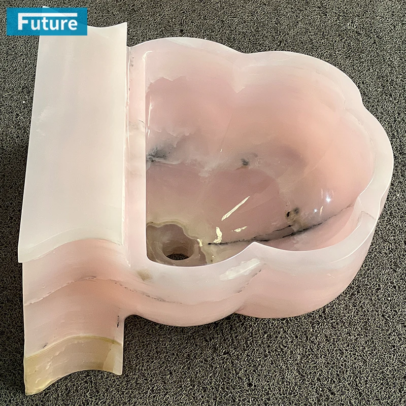 Luxury Modern Flower Shape Natural Stone Pink Onyx Bathroom Vanity Wash Basin Sink with One Hole for Hotel Villa Mansions