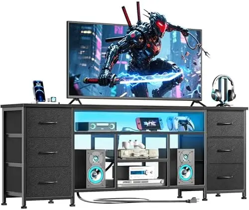LED TV Stand for 65, 70 Inch TV, 63 Inch Entertainment Center with Power Outlets, 6 Fabric Drawers Dresser for Bedroom