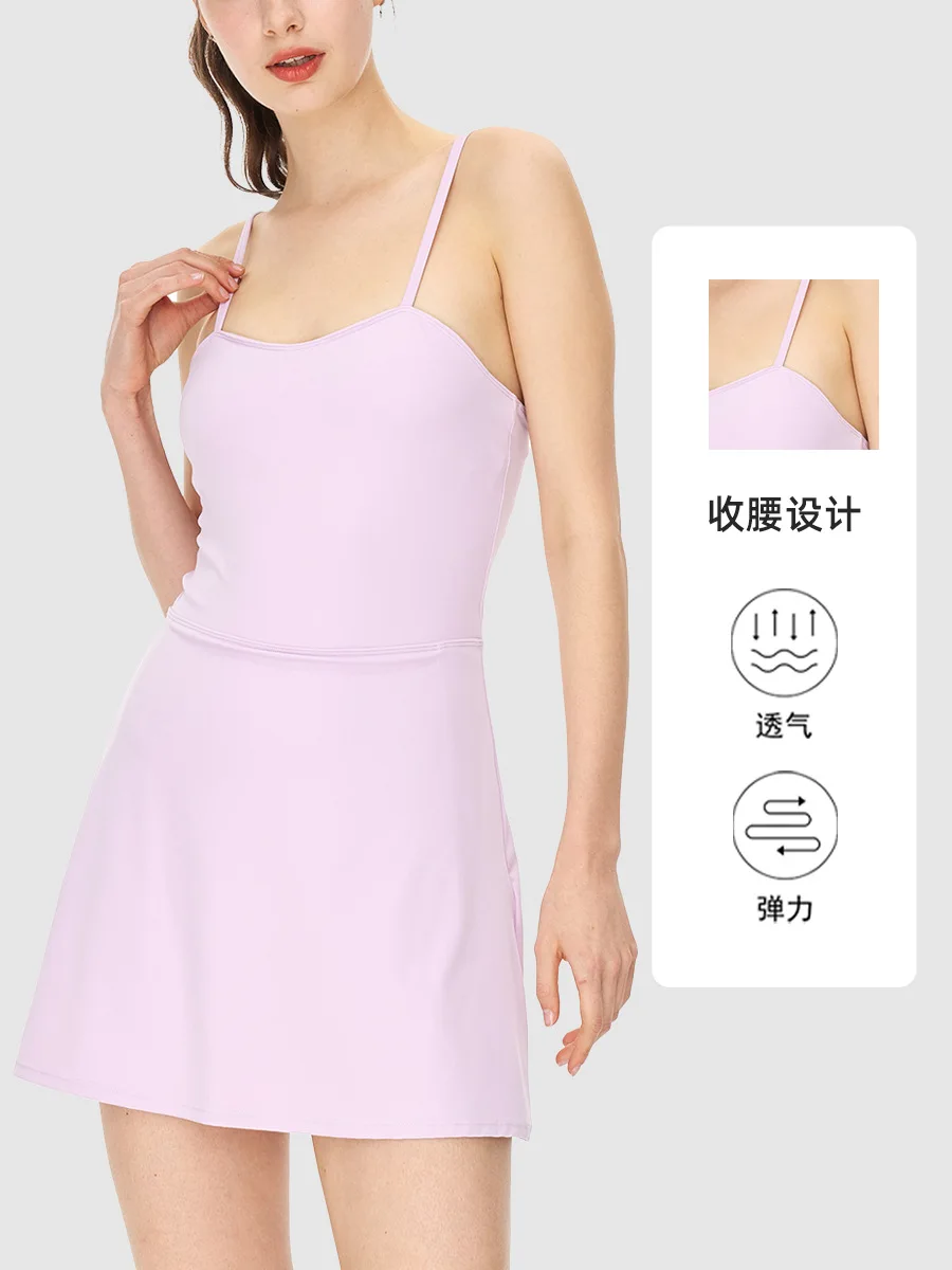 Nude Sleeveless Tennis Skirt Long Waist Closing Slim Dress Women's Light and Thin Sports Outdoor Fake Two Pieces Yoga Dresses