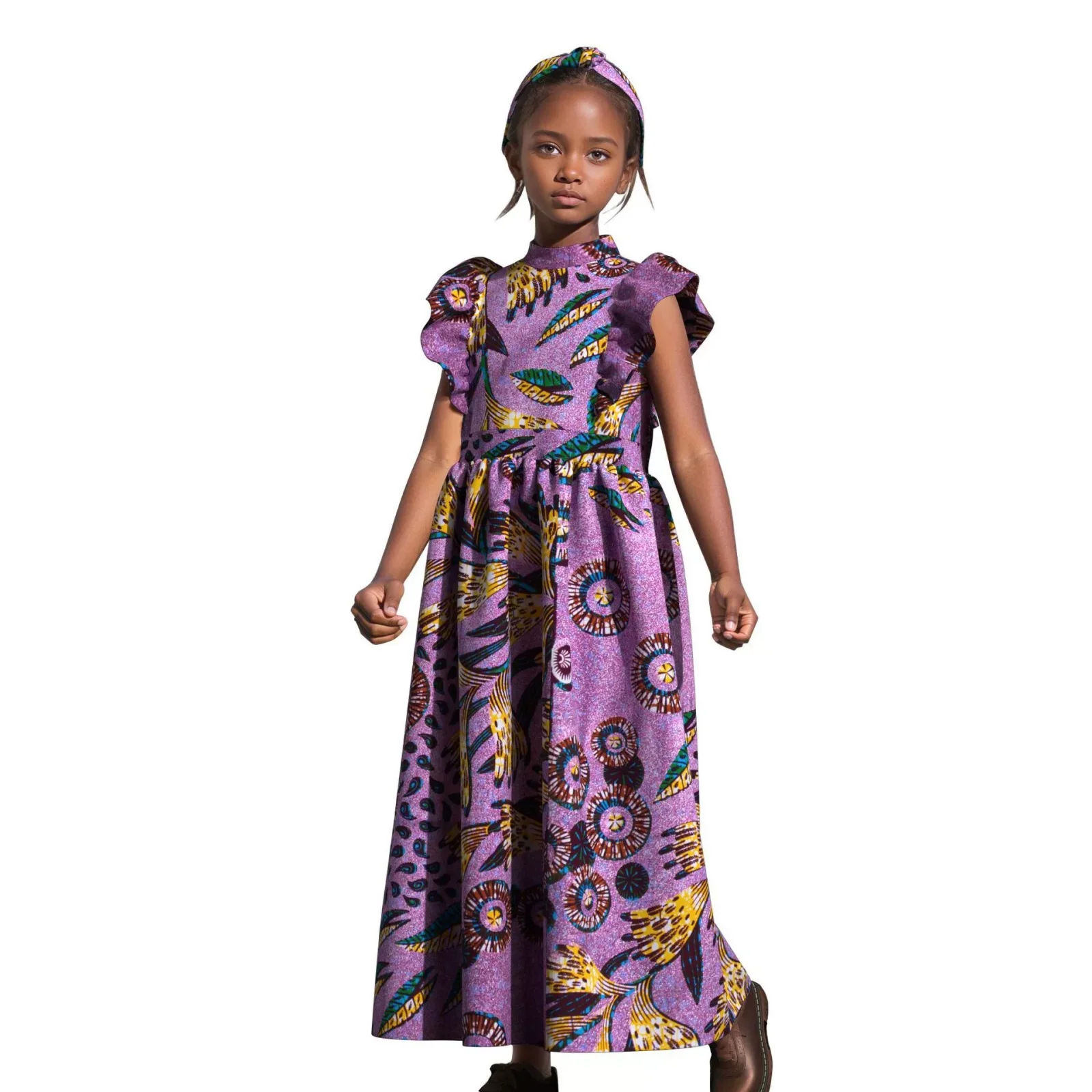 

New African Clothes Print Dresses for Girls Dashiki Kids Long Dress with handband Bazin Riche Wax Cotton Children Party Outfits