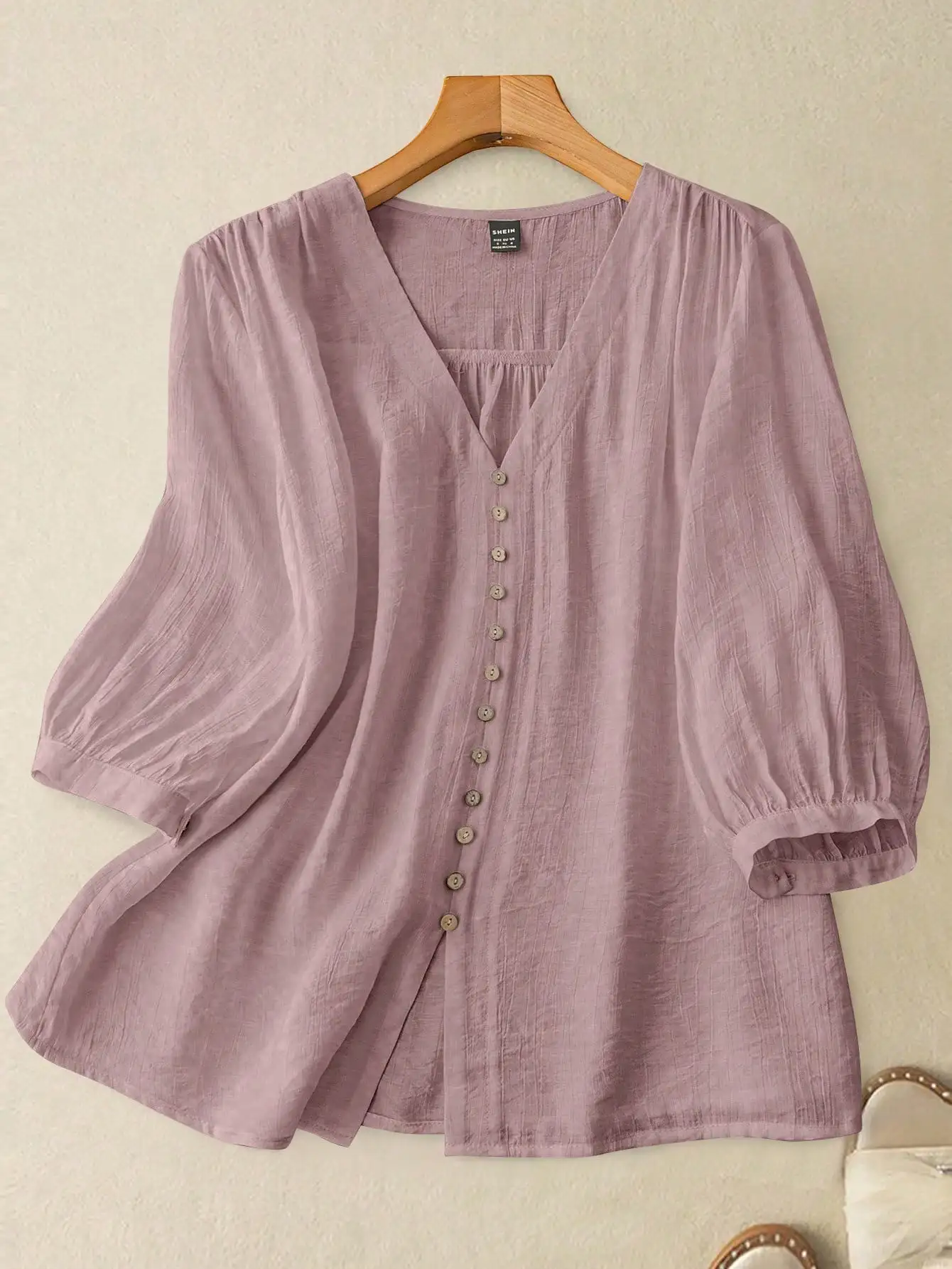 

Women Button Down Blouse With Gathered Shoulder Puff Sleeve