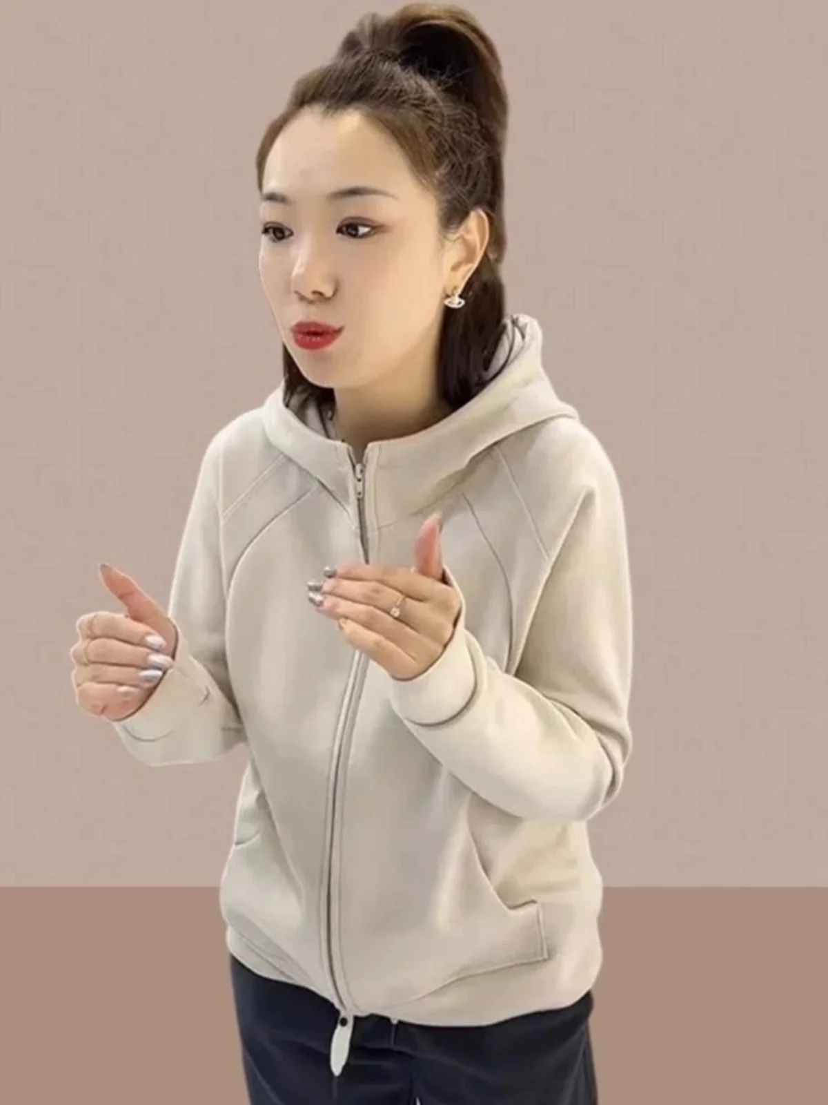 Thiened Fce フード付きジッパーカーディガン スウェットシャツ レディース アウター 秋冬 レギュラー Sve ロングフード付き 通勤 Sle