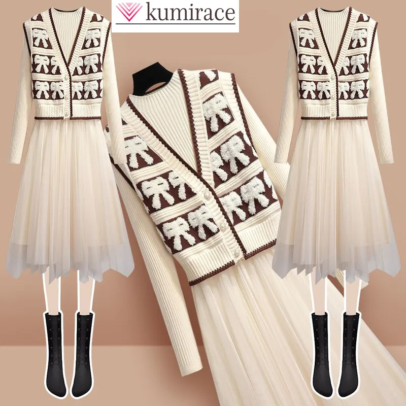 

2023 Autumn New Bow Knitted Sweater Cardigan Pleated Mesh Long Sleeve Dress Two Piece Elegant Women's Dress Set Winter Outfits