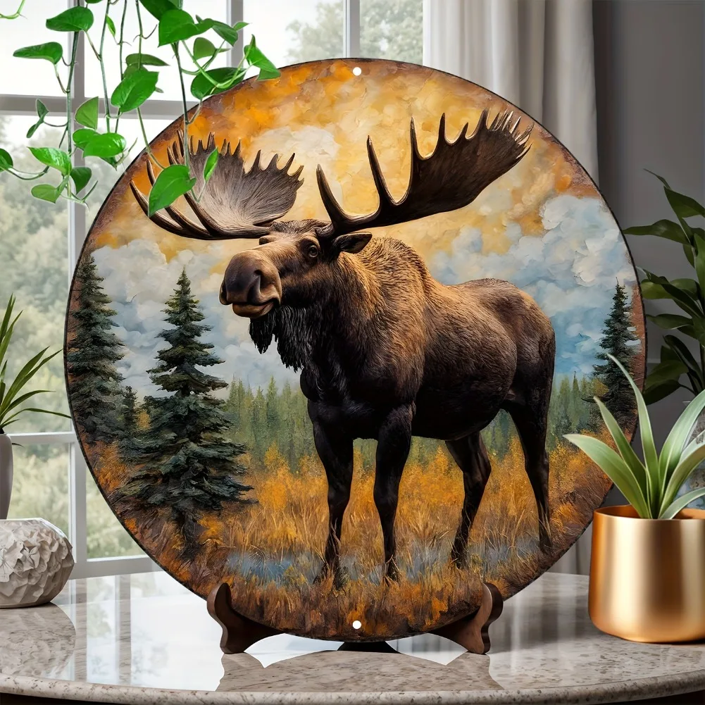Rundes Aluminium-Metallschild mit Vintage-Elch-Motiv – wasserdichte, langlebige Postertafel für Heim- und Außendekoration