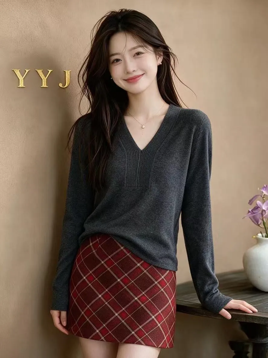 Anti-Aging  Color Knitted Long Sleeve Overhead Women's Base Shirt Trendy Versatile Commute Style Korean Version Knitwear