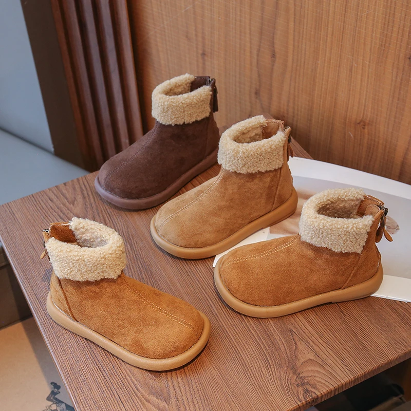 

2025 зимние детские модные плюшевые ботинки, новые простые повседневные ботильоны для девочек, уличные нескользящие детские хлопковые ботинки на толстой подошве