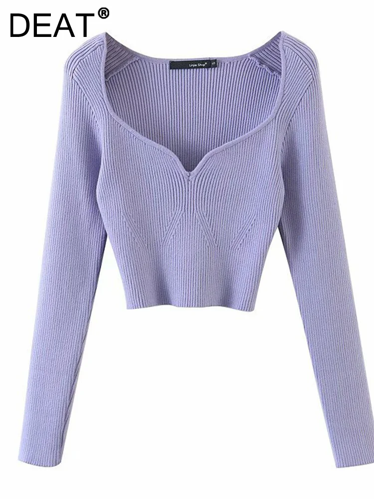 DEAT 2024 Spring Spring Short Square Collar Thin Knitted Pullovers Sweater Loose V-Neck Long Sleeve Women New Fashion 13U090