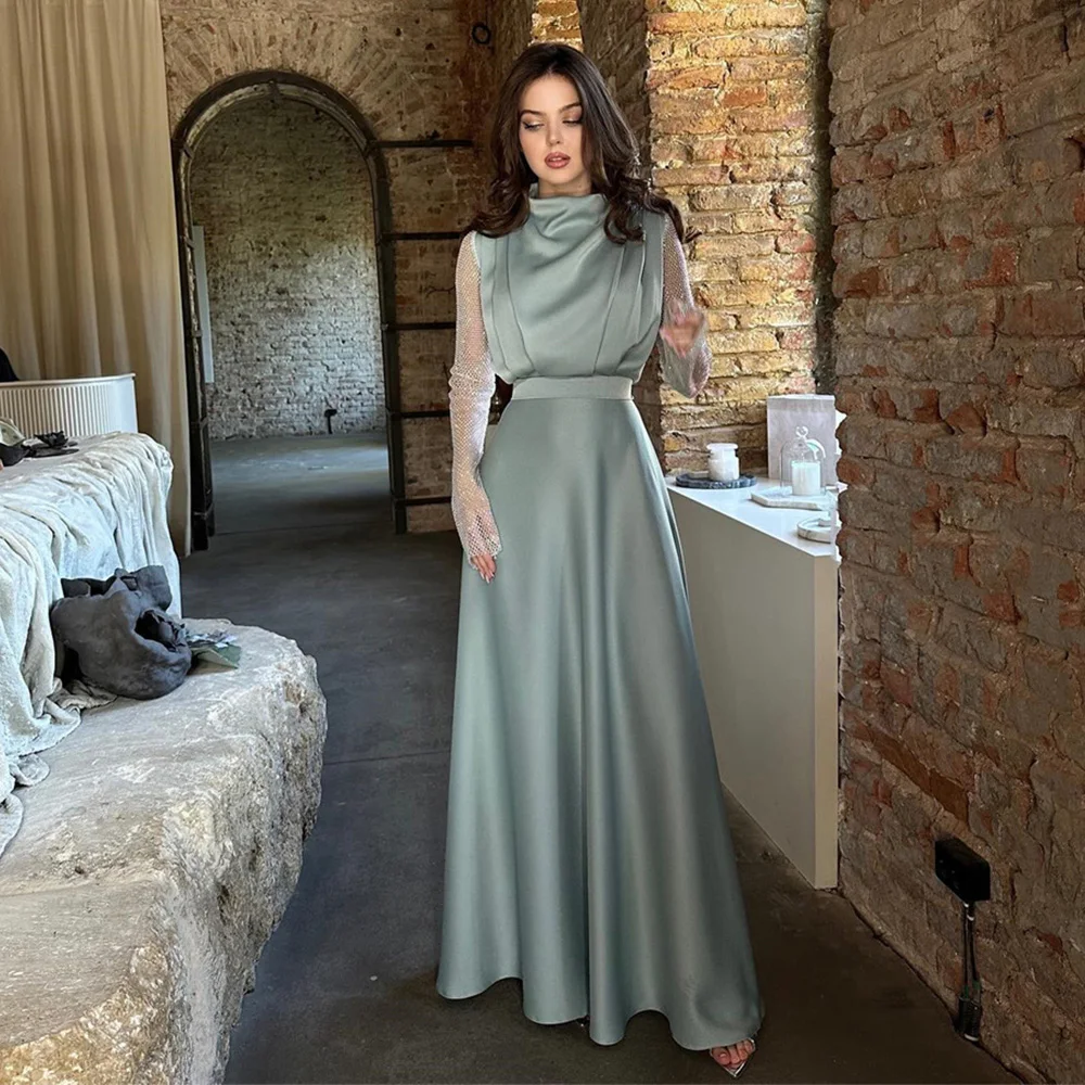 

Prom Dresses High Long Sleeve Patchwork Satin Evening for Women A-line Charming Formal Party Dress فساتين السهرة