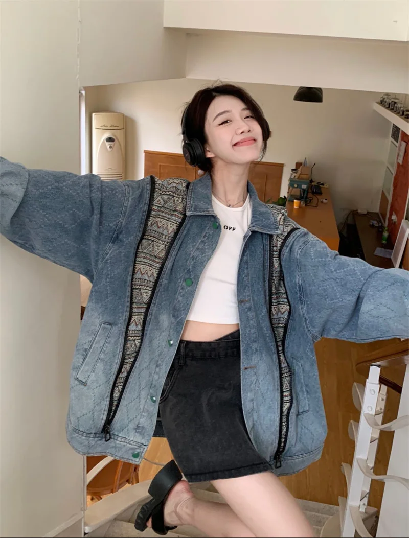 2025 Spring Autumn New Loose All-match Design Sense Stitching Denim Jacket top Loose Polo Neck Long Sleeve Short Coat Women's XA