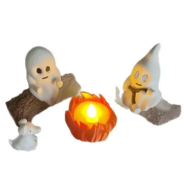 Halloween Niedliches Geister-Lagerfeuer-Szenen-Figurenset aus Kunstharz, Geister-Katzen-Hunde-Mini-Statue, Teelichthalter, Tischdekoration für die Feiertage – Detail 7