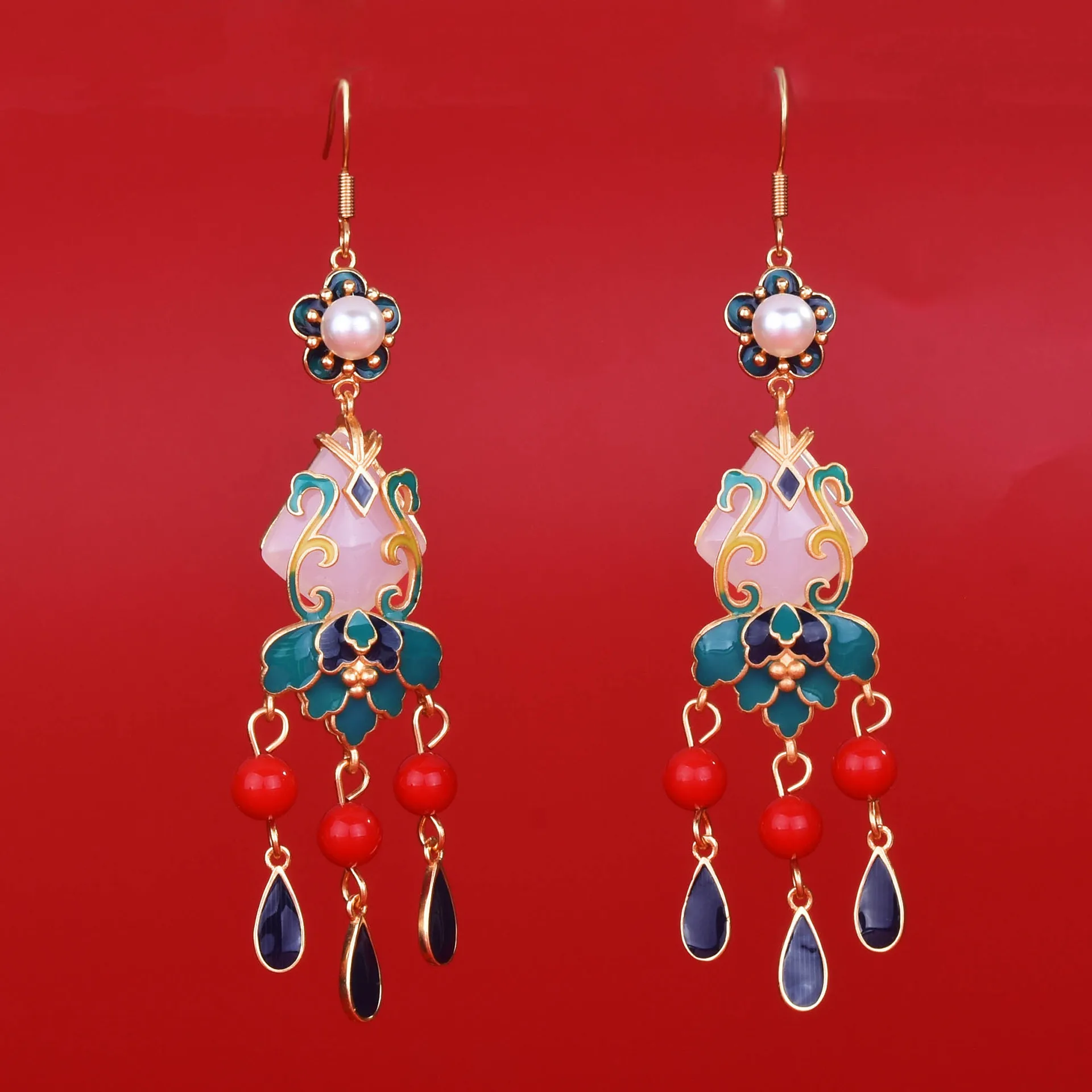 Ancient inheritance of gilt craftsmanship Hetian jade earrings women's silver stud earrings fringed earrings