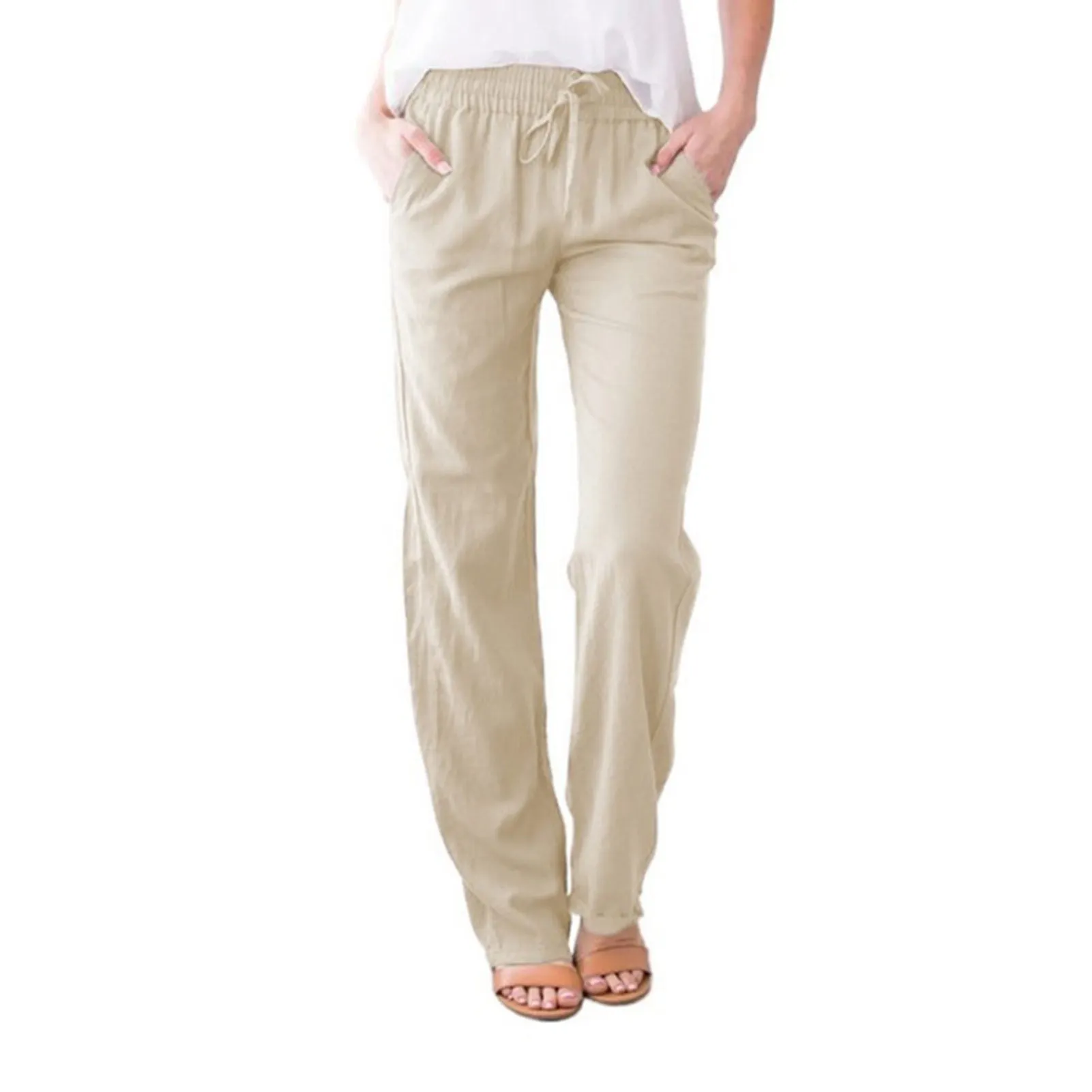 Pantalon décontracté en coton et lin pour femmes, cordon de proximité, taille élastique, plage, fjwith poches, vacances, sommeil