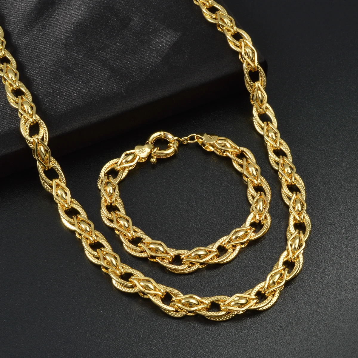 Unisex Fashion Necklace Bracelet Jewelry Set Gold Plated Copper Hollow Chain Link For Daily Outing Banquet Wear Gift For Friend