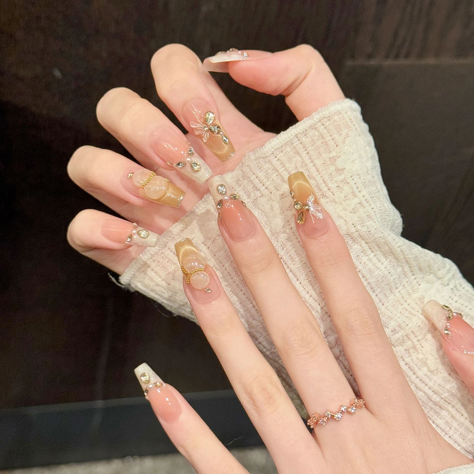 10Pcs Handmade Oval Head Press On Nails Gold Cat Eyes Glitter Crystal Design False Nail Patches For Wedding Party Daily Wearable view 4