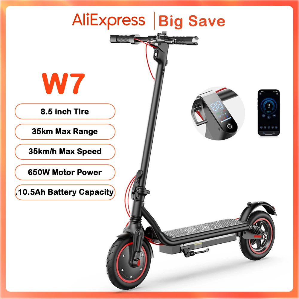 Patinete eléctrico W7, 8,5 ", 650W, 36V, 10,5Ah, 25-35km de alcance, luces laterales de suspensión Dual, Control por aplicación, patinetes eléctricos de velocidad de 35 km/h