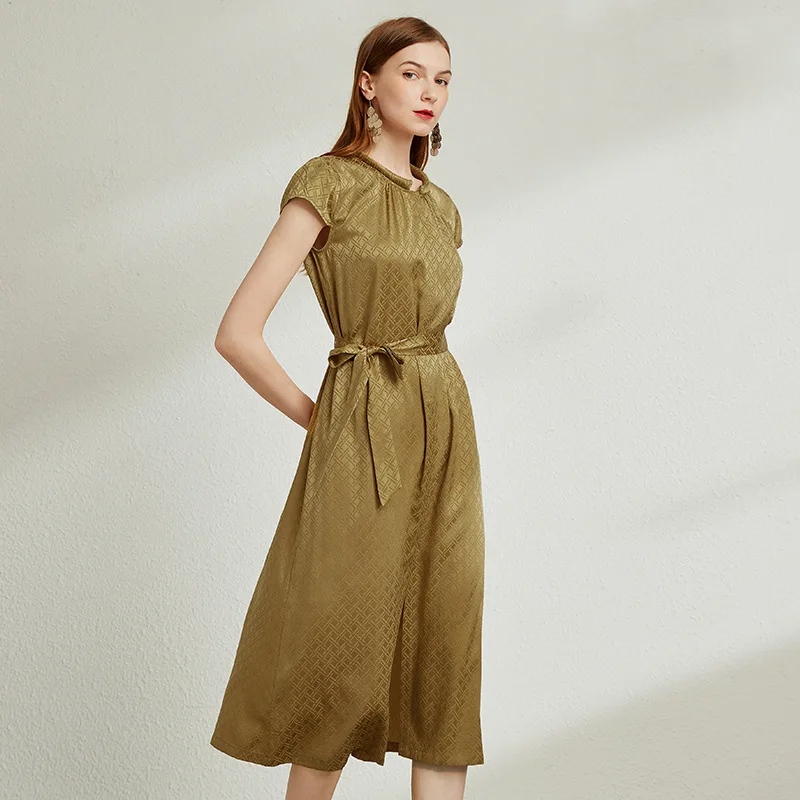 Birdtree 100% echte Seide Crêpe elegante Kleider Gürtel Kurzarm Plaid Slim Fit Party kleid für Frauen Sommer Herbst neue d3n264qm