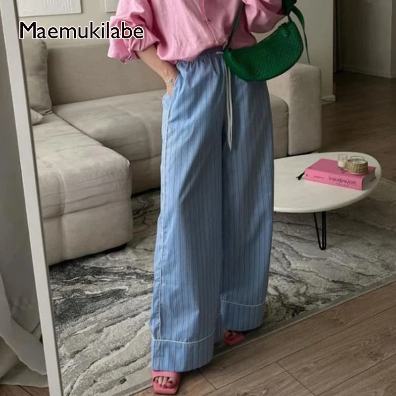 Maemukilabe Elegant Wide Leg Pants Striped Print Loose Fit Trousers Chic Women Casual High Waist Lounge Pants Vintage Streetwear