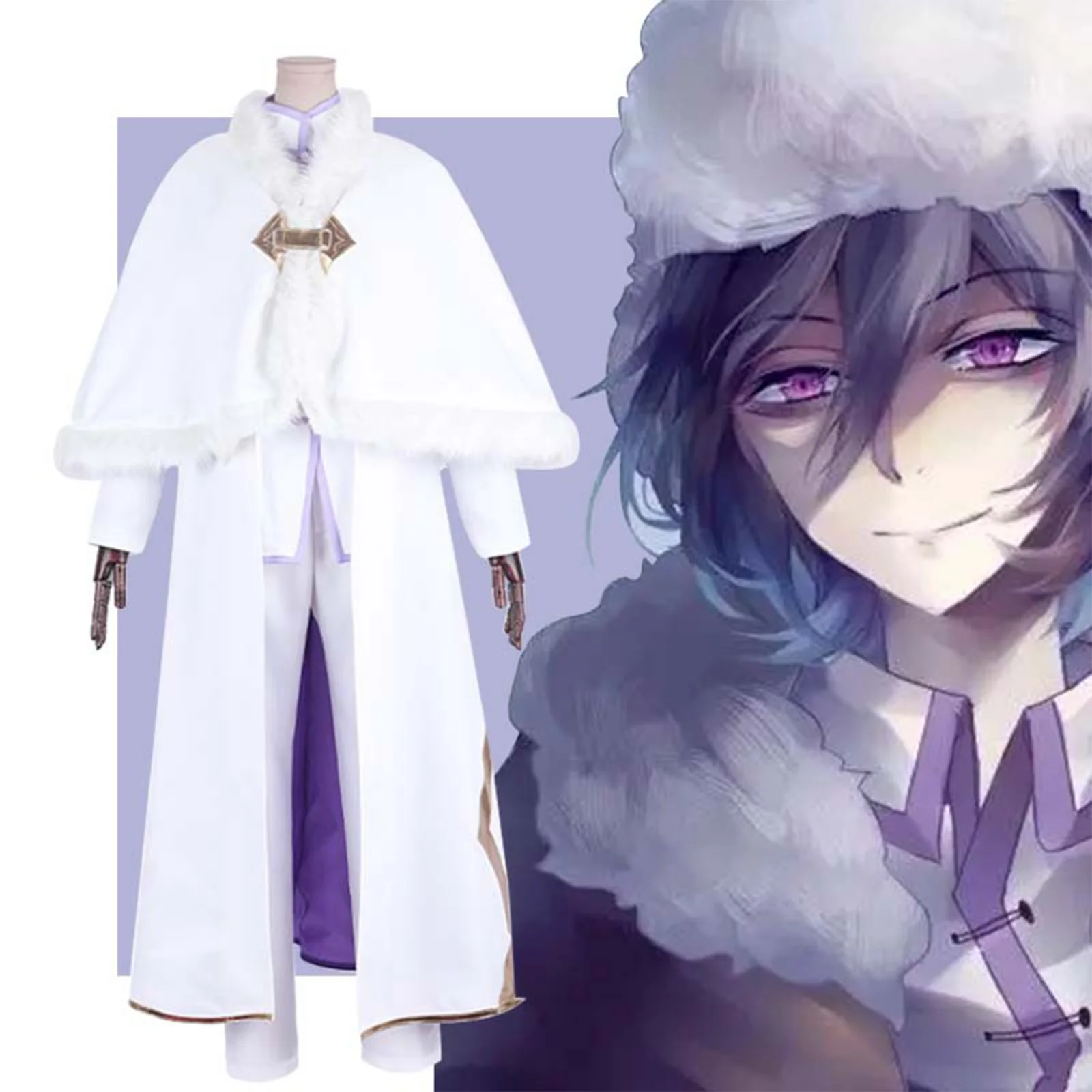 

Anime Fyodor Dostoevsky Cosplay Costume Hat Cloak Trench White Suit Uniform Oufit The Decay Of The Angel for Halloween Men Women