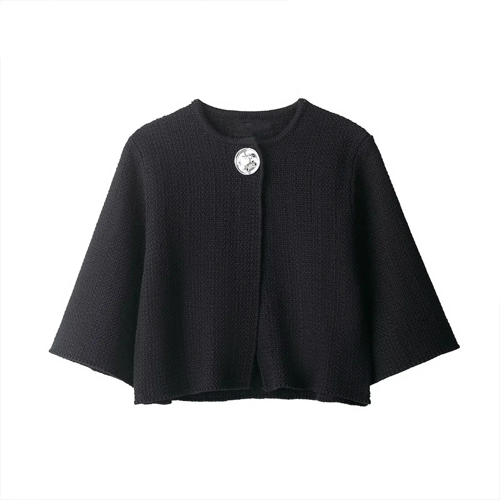 

Woman's Textured Knitted Cardigan Loose Round Neck Wide-cut Sleeves Solid Color Cropped Sweater Simple Casual Versatile Top