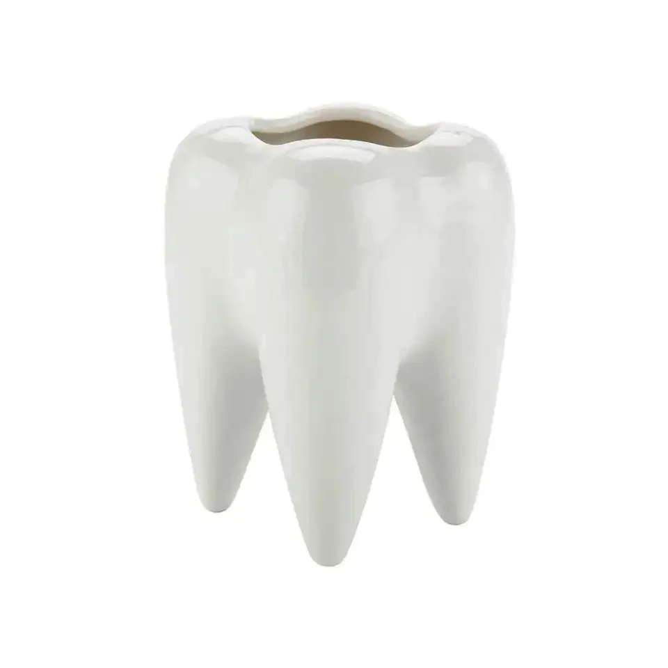 1Pc Creative Tooth Shaped Toothbrush Holder Tabletop Ceramic Flowerpot Pen Holder Desk Pen Stand Organizer Dentistry Office Gift