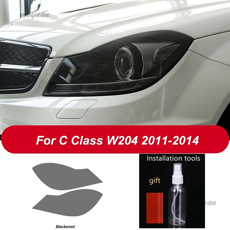 Película protetora para farol de carro, 2 peças, transparente, preta, tpu, adesivo para mercedes benz classe c w204 c63 amg 2011-2014 acessórios