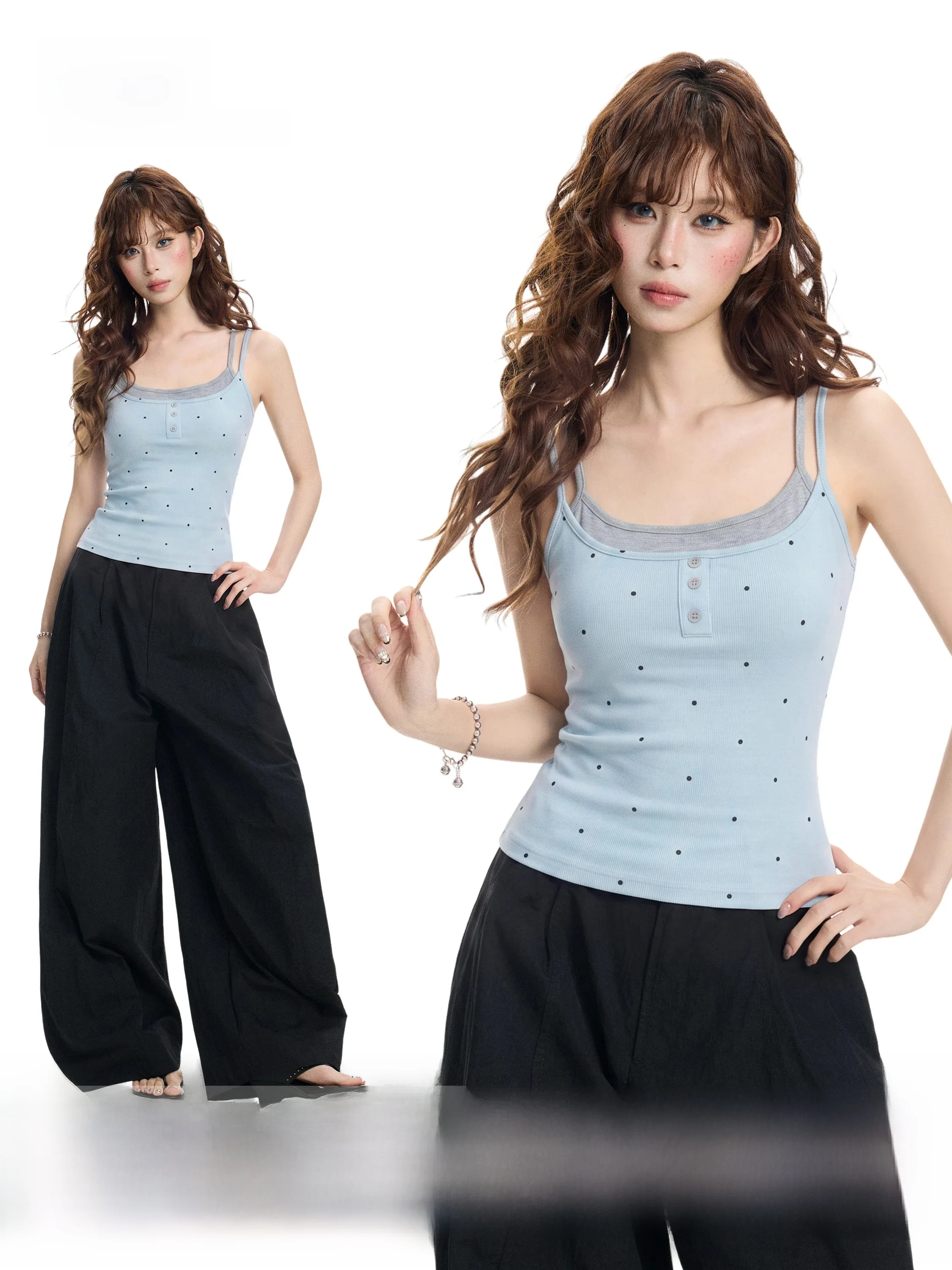 Blue Polka Dot Strap Vest Women's Summer Slim Fit Short Sleeveless Top with Chest Pad Commute Style U Neck Daily Wear