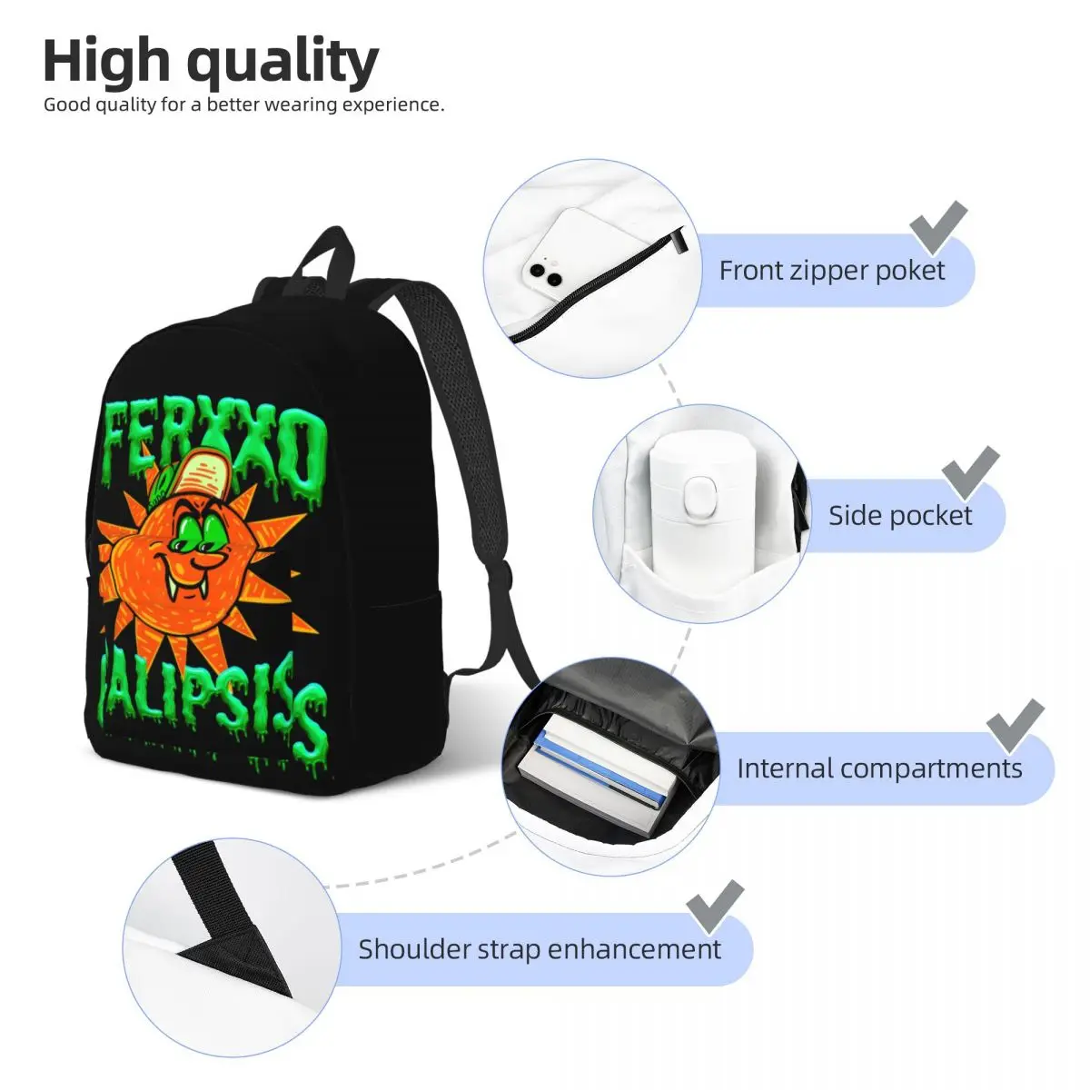 Mochila de turismo de lona ao ar livre para homens e mulheres, mochila casual, ensino médio, trabalho, rapper, hip hop, laptop, bolsa, Ferxxocalypse, 2024