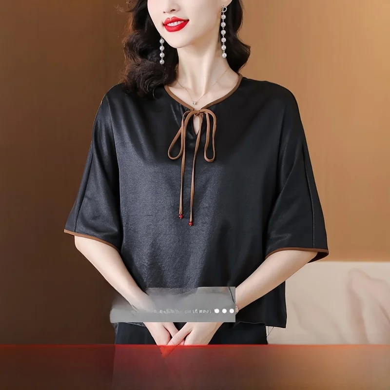 

Ele ort Sve Silk T-irt Women's Floral Print Casual Sle Lightweight Summer Top round Ne Knot Design