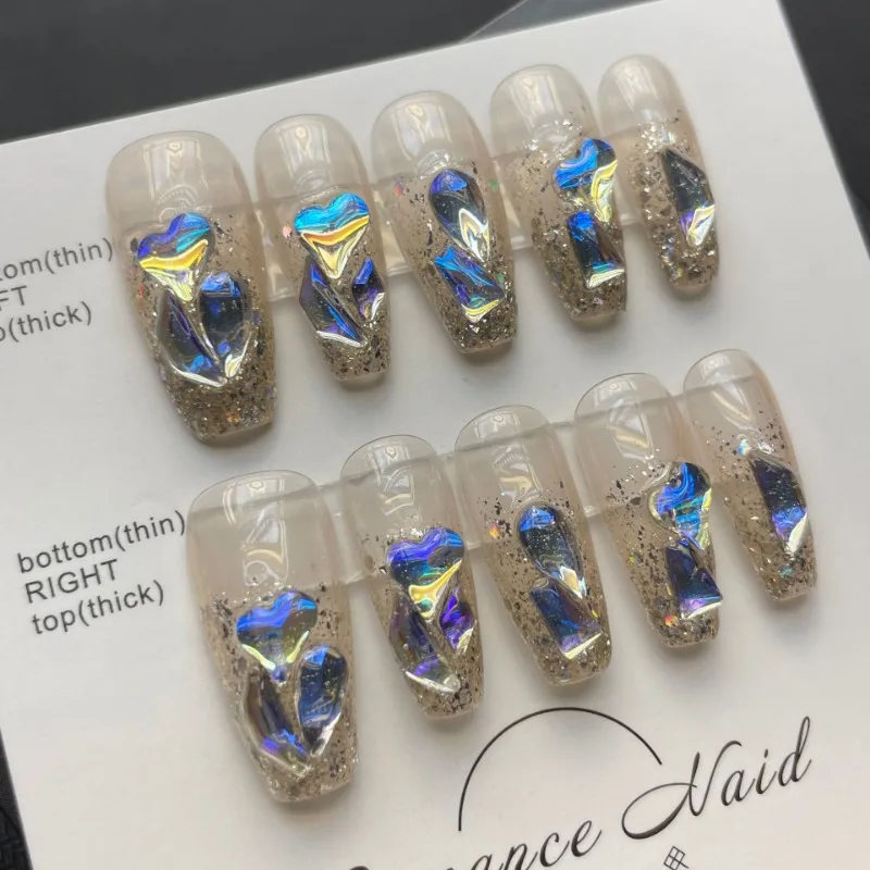 10 stücke handgemachte Sommer Strass steine abnehmbare Acryl Fingernägel Set Press Ons Stick-On Nägel Spitzen dekoriert falsche Nägel Kunst