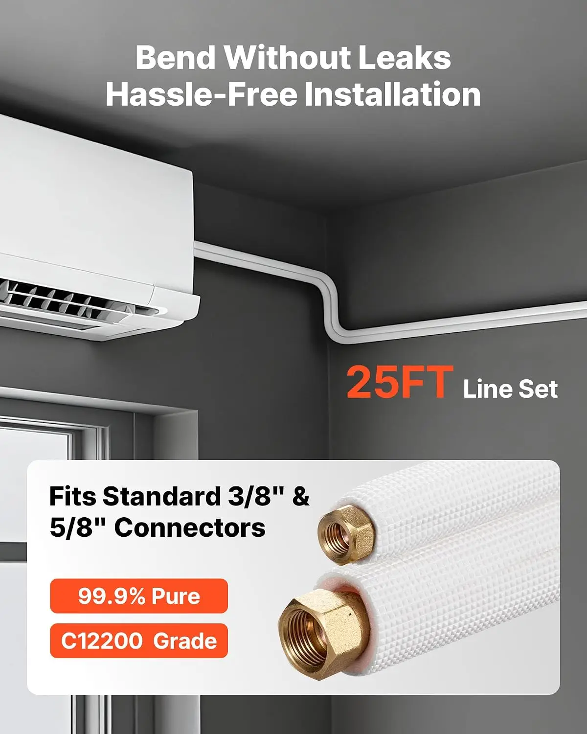Mini Split Line Set, 25ft 3/8” & 5/8” OD AC Copper Tubing Pipe, 3/8 White PE Thickened Insulated Coil with Flared Nuts, Rich Fit