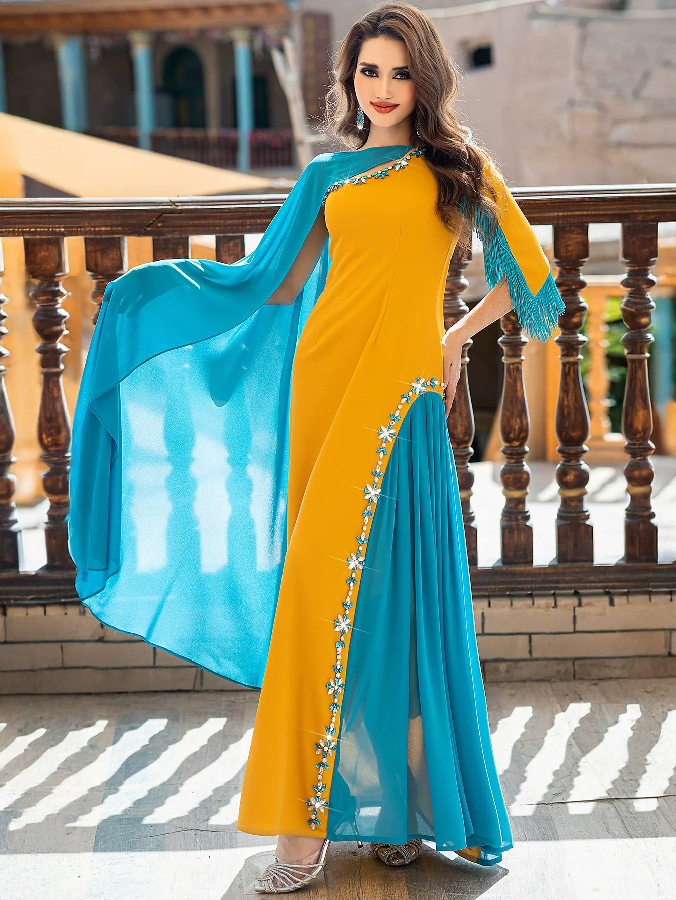 

Ramadan Muslim Fashion Women's Wear Color blocked Asymmetric Half shawl Dress Glass Diamond Tassel Islamic Saudi Arabian Robe