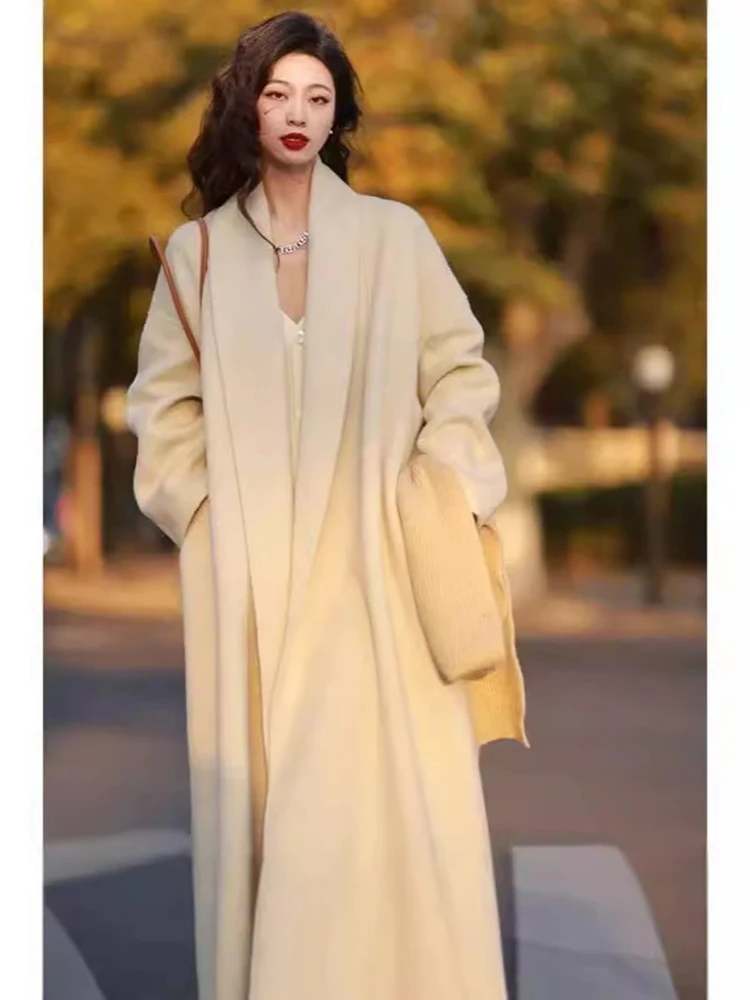 2024 Autumn Winter New Long Korean Woolen Loose Coat With Belt Elehant Double Sided Cashmere Trench Coat for Women