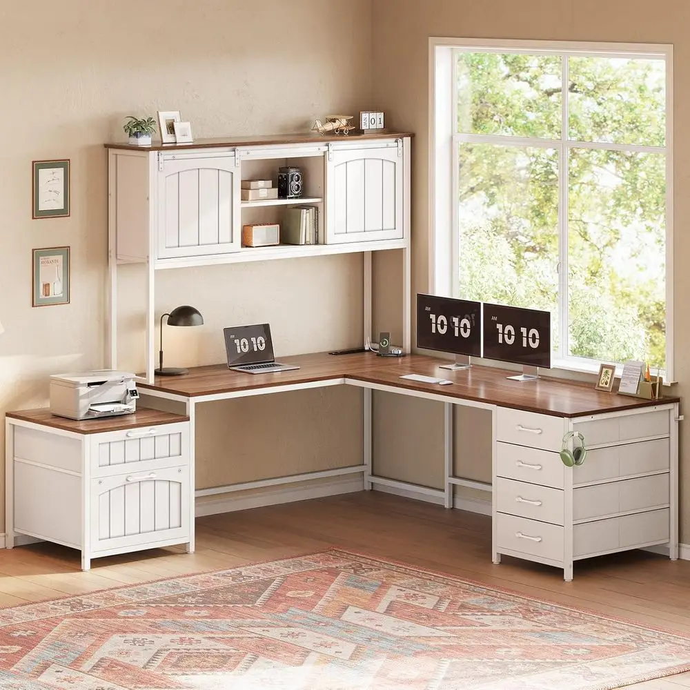 L-Shaped Office Desk with 6 Drawers, Reversible, Power Outlet, Hutch, and Printer Storage, White