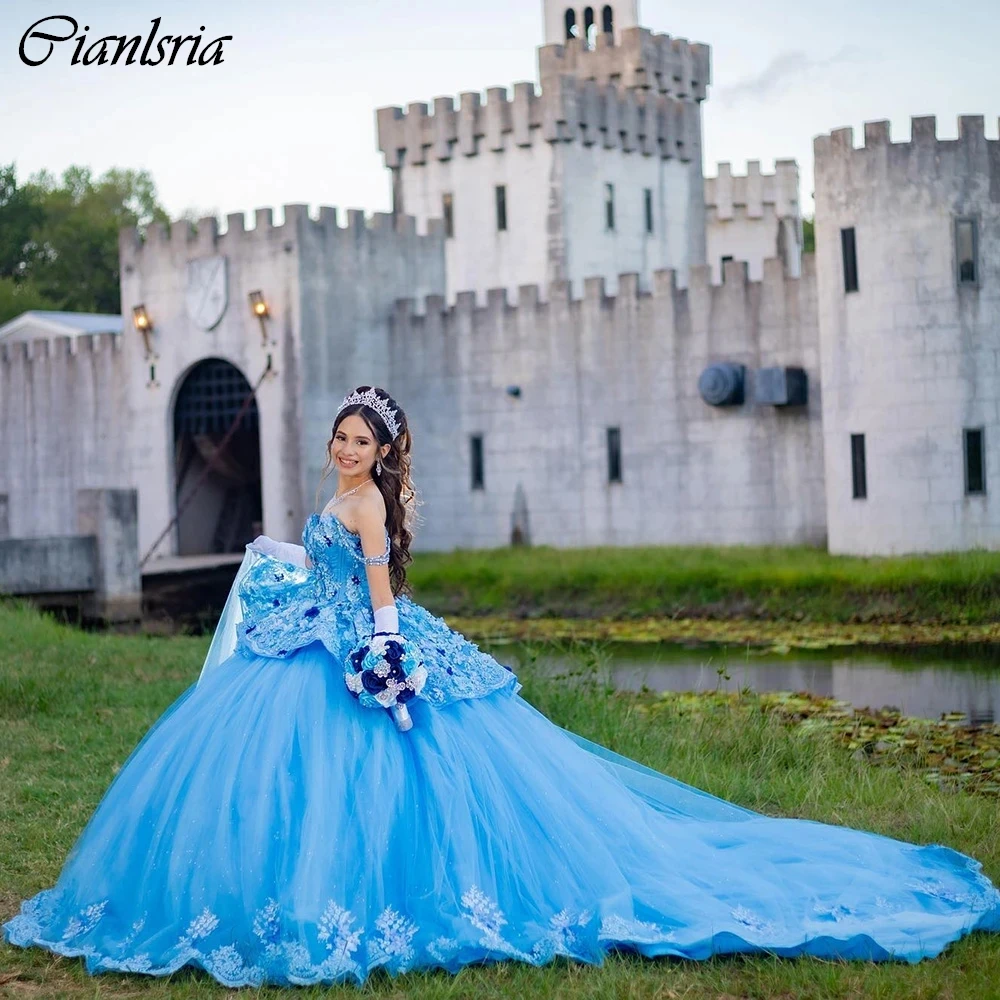 Vestido De baile De quinceañera con perlas y hombros descubiertos, traje azul claro con apliques De flores en 3D, corsé con volantes, 15 Años