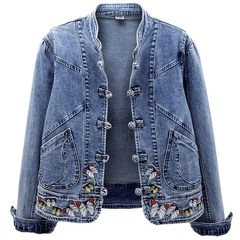 New Chinese Style Embroidery Denim Jacket Women Vintage Mandarin Collar Frog Button Jean Coat Casual Short Outerwear
