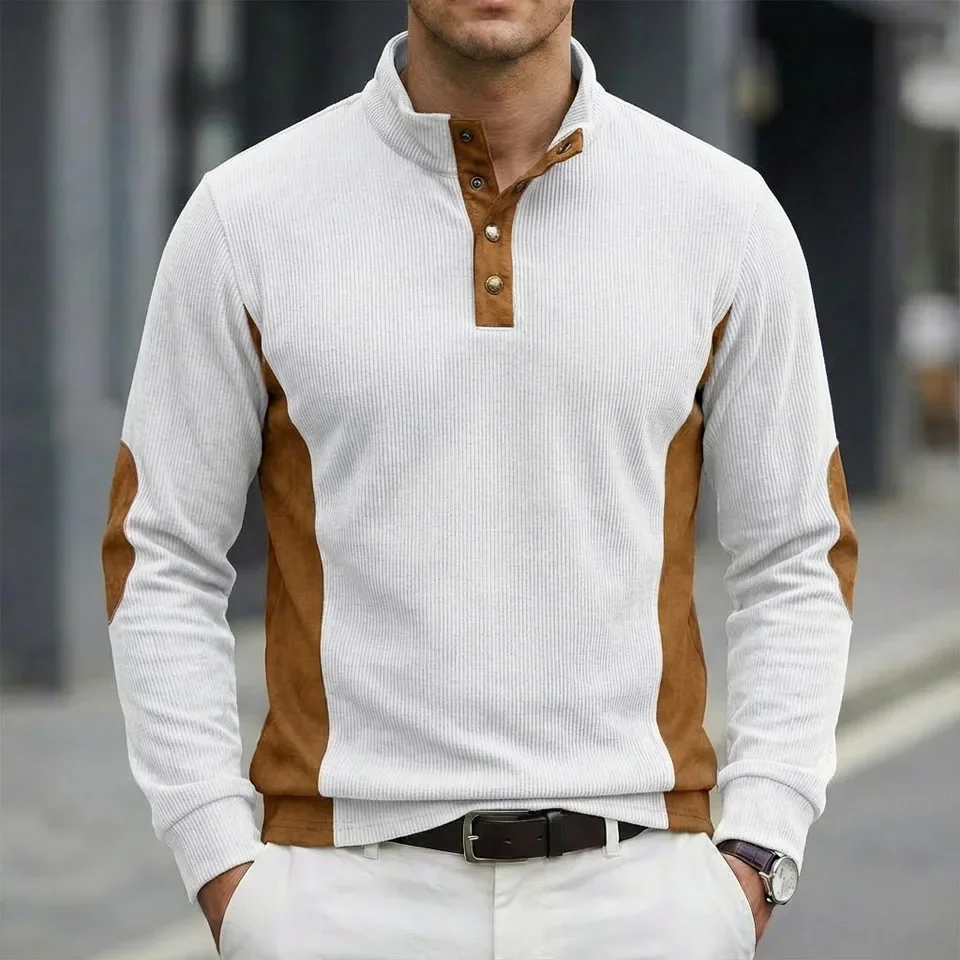 Spring And Autumn European Size Men's POLO Shirt Casual Stand Neck Color Matching Long Sleeve Pit Strip Corduroy