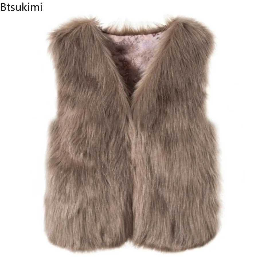 New Women Faux Fur Waistcoat Fashion Winter Fuzzy Sleeveless Open Front Outerwear Luxury Casual Short Vest Jacket Y2K Streetwear