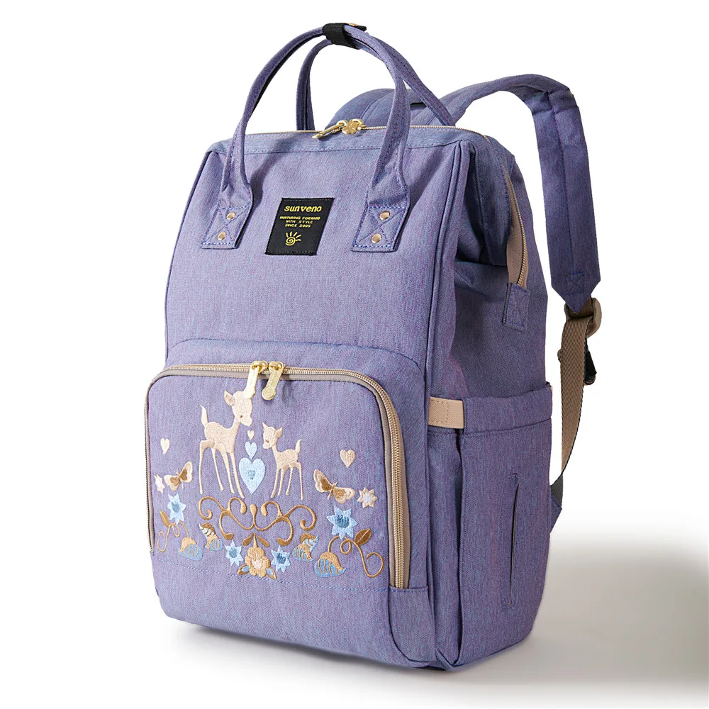 Sunveno Multifunctional Diaper Bag Purple Embroidery Mommy Bag Wide Opening Mommy Backpack Convenient Large Capacity