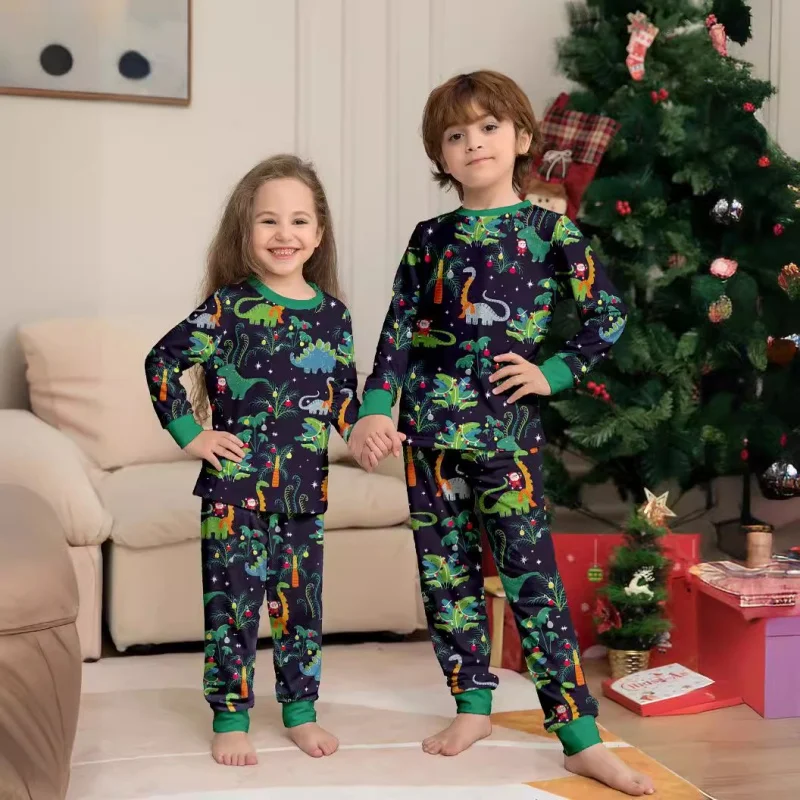 Christmas Pajamas Set Cute Soft Dinosaur Allover Print Parent-child Matching Outfits 2 Pieces Suit Baby Romper Xmas Family Look