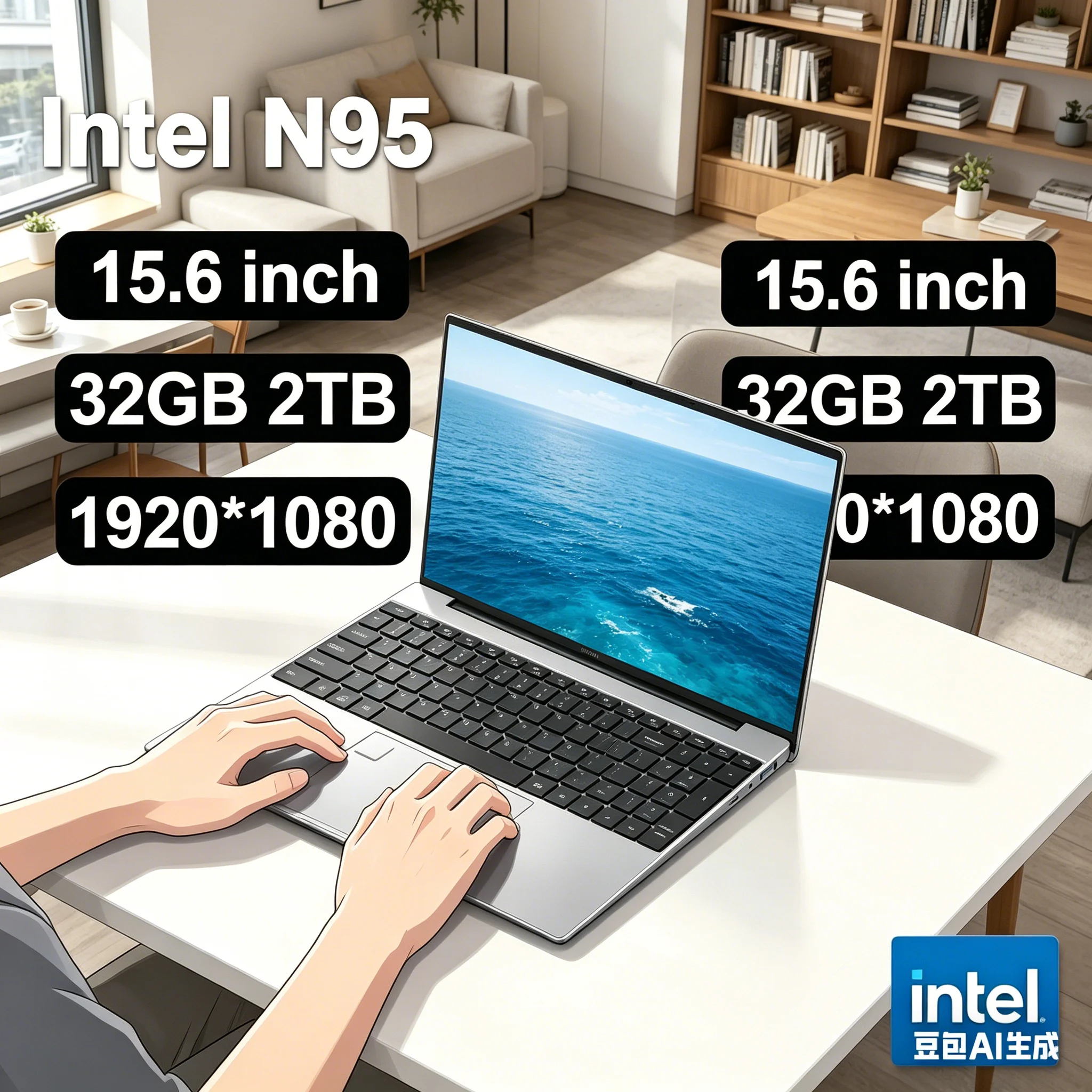 

Supreme 15.6" Intel N95 Portable Laptop Windows11 Notebook 32GB DDR4 2TB SSD Pc Gamer Office Computer with Backlit Fingerprint