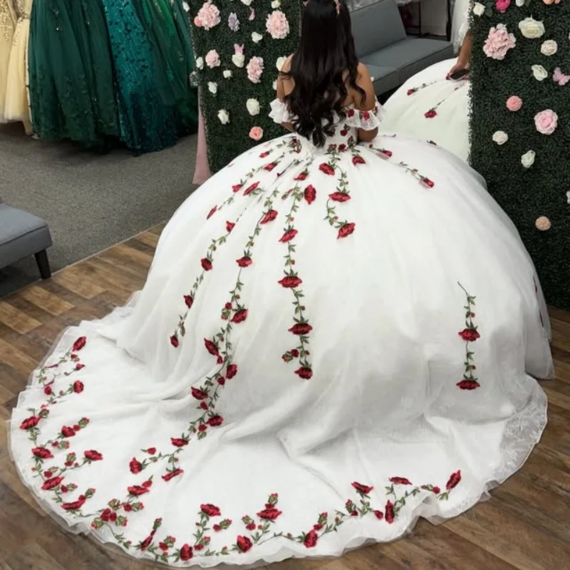 white Quinceanera Dress off-shoulder Lace crystal rose decal Long tail Bow vestidos de 15 Quinceanera ﻿Customized