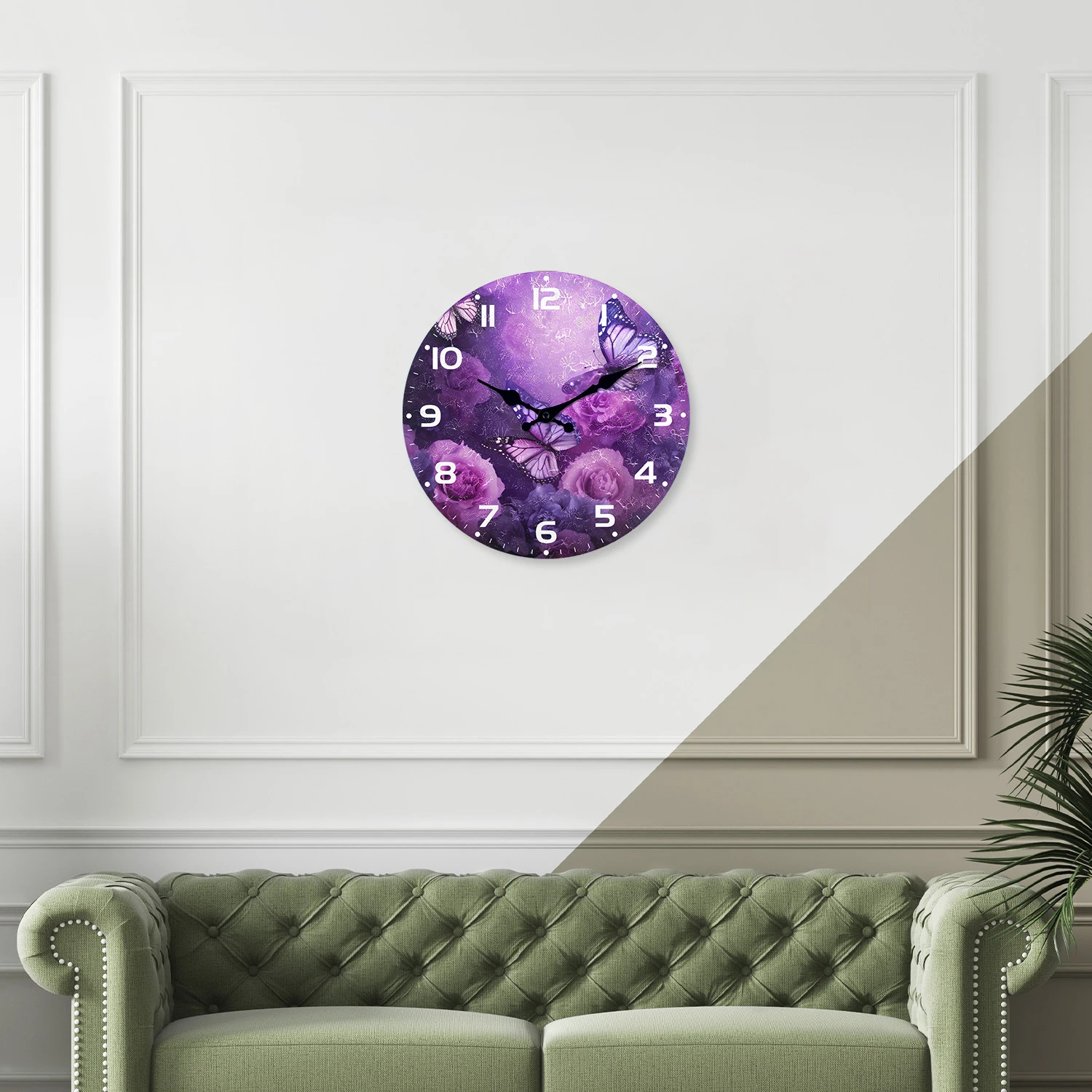 Personalized Purple Flower Butterfly Pattern Wooden Wall Clock Living Room Bedroom Kitchen Home Decoration Wall Clock Silent Quartz Clock Holiday